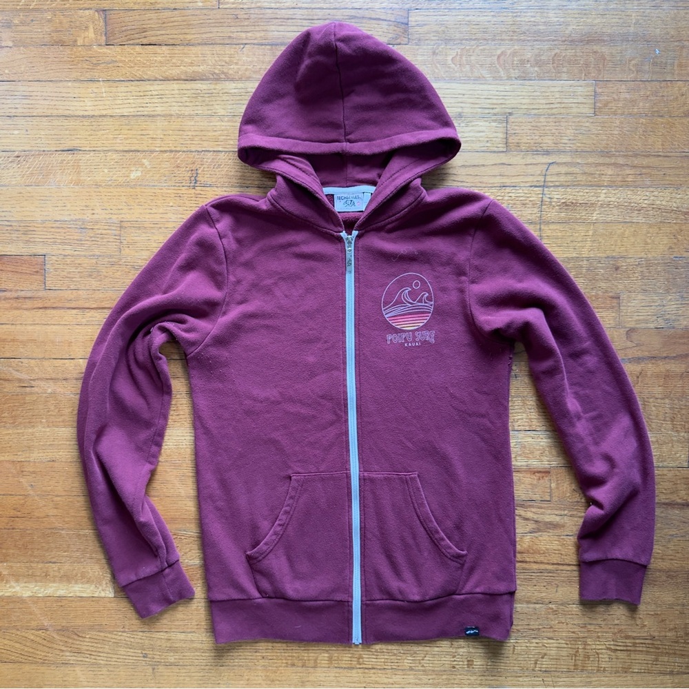 Techstyles Full Zip Hoodie Poipu Surf Kauai Graphic Burgundy Sweatshirt
Medium